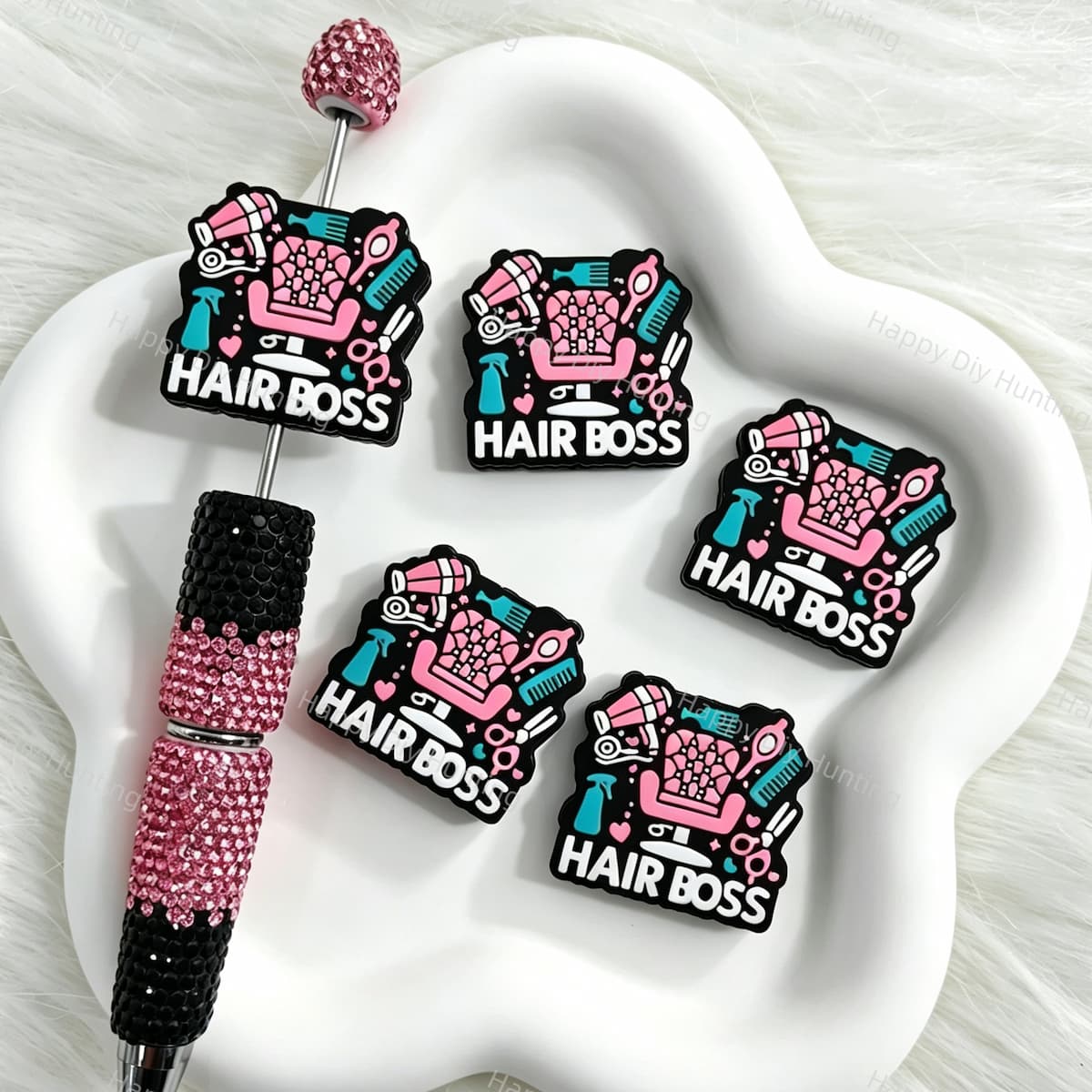 Silicone focal beads featuring a Hair Boss salon themed design. Soft, durable, and flexible, perfect for beadable pens, keychains, and handmade crafts.
