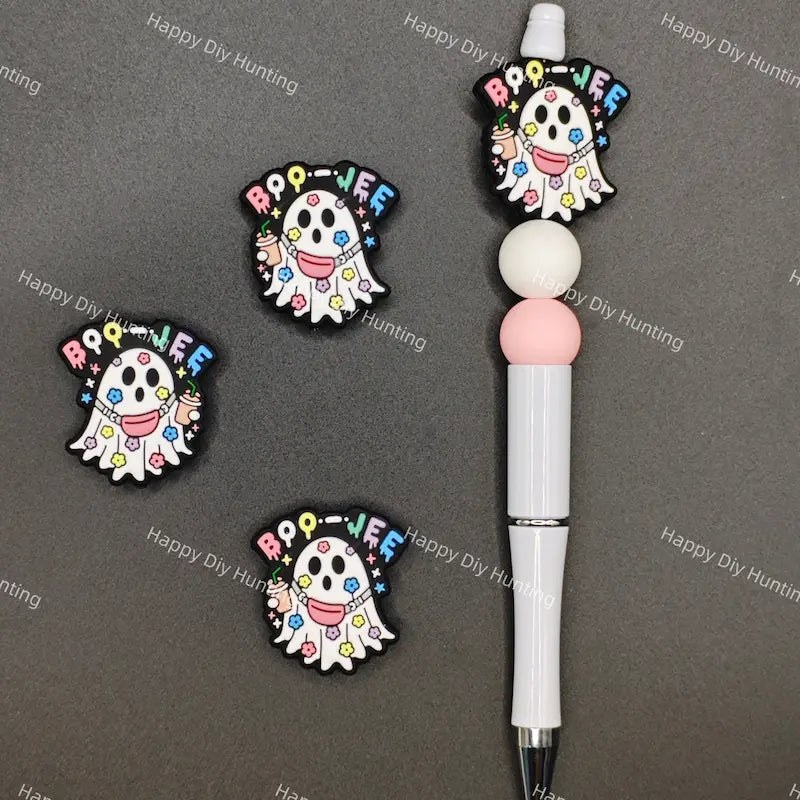 Halloween colorful flower Boo-Jee ghost silicone beads, pair with spacer beads for DIY handmade beadable pen holiday crafts.