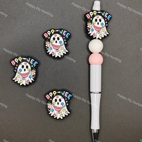 Halloween colorful flower Boo-Jee ghost silicone beads, pair with spacer beads for DIY handmade beadable pen holiday crafts.