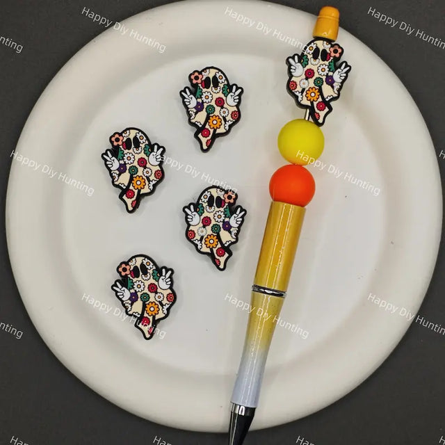 Halloween vintage flower covered ghost silicone beads with peace gesture, match spacer beads for DIY handmade beadable pen holiday crafts.