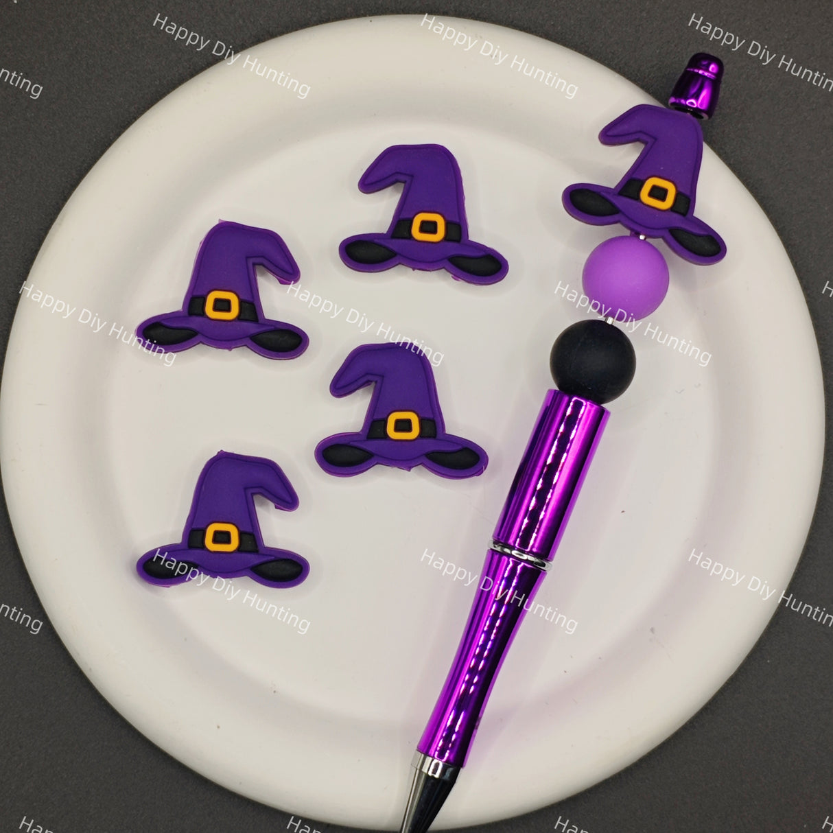 Halloween minimalist purple witch hat silicone focal beads with yellow belt buckle, match spacer beads for DIY handmade beadable pen holiday crafts.