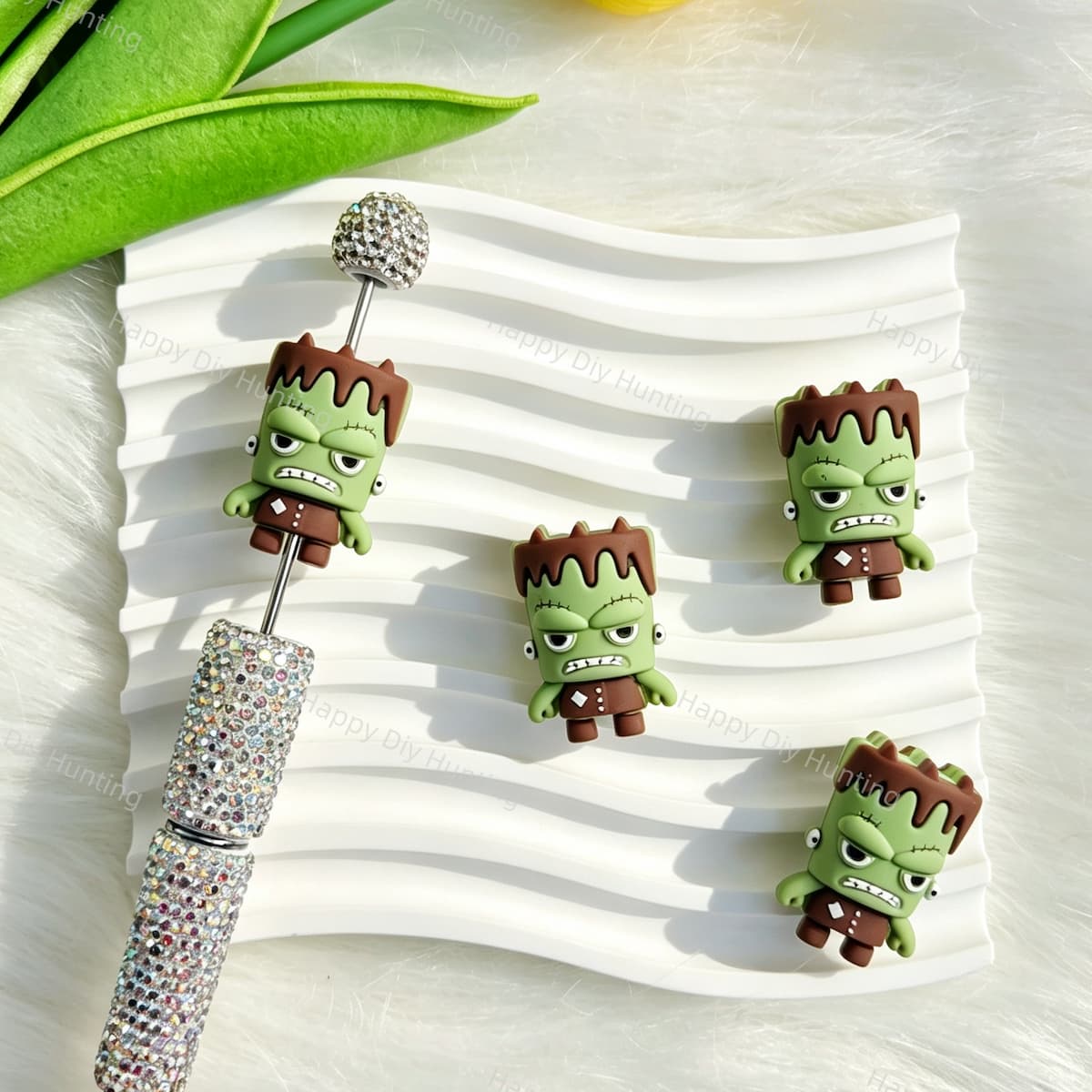 Silicone focal beads featuring a Halloween green monster 3D cartoon design. Soft, durable, and flexible, perfect for beadable pens, keychains, and handmade crafts.
