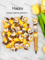 Cute Happy Seven Dwarfs figurine bead pen, green rhinestone covered pen barrel, white flower focal beads, handmade decorative pen for DIY crafters & resellers