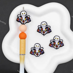 Happy Halloween cartoon skeleton silicone focal beads, cute spooky skull silicone beads for DIY beadable pens, keychain and lanyard craft supplies