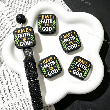 Silicone focal beads featuring a "Have Faith In God" inspirational message and square graphic design. Soft, durable, and flexible, perfect for beadable pens, keychains, and handmade crafts.