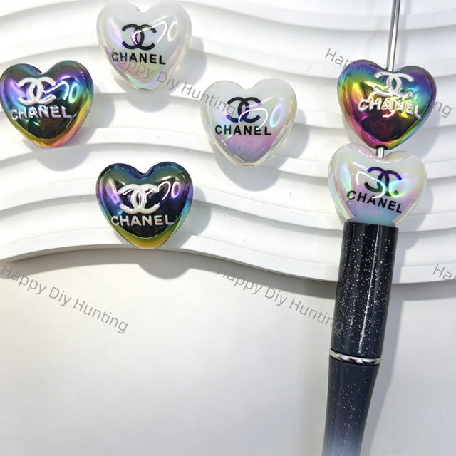 Heart Shaped Chanel Printed Acrylic Beads for DIY Beadable Pens & Jewelry