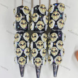 pre‑assembled hockey‑style horror mask 3D figurine beadable pens, black base with embedded sparkling rhinestones, spooky halloween themed craft ballpoint pens bulk