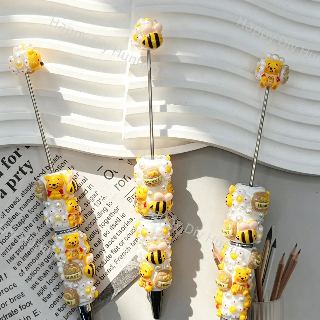 pre‑assembled sweet honey‑bear bee honey‑jar themed beadable pens with daisy flower and faux pearl embellishments bulk craft ballpoint pens