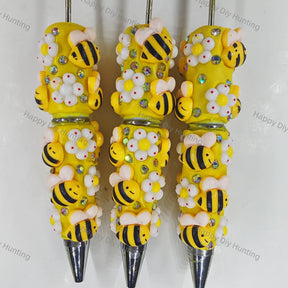 pre‑decorated yellow honey bee daisy beadable pens with embedded rhinestones bulk handmade ballpoint craft pens