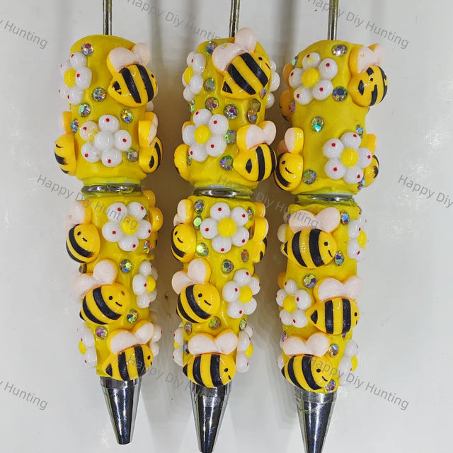 pre‑decorated yellow honey bee daisy beadable pens with embedded rhinestones bulk handmade ballpoint craft pens