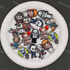 Cartoon horror movie killer acrylic focal beads including Chucky, Billy, Nun, Beetlejuice, perfect for Halloween beadable pens, keychains and seasonal DIY crafts.