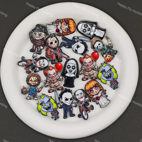 Cartoon horror movie killer acrylic focal beads including Chucky, Billy, Nun, Beetlejuice, perfect for Halloween beadable pens, keychains and seasonal DIY crafts.