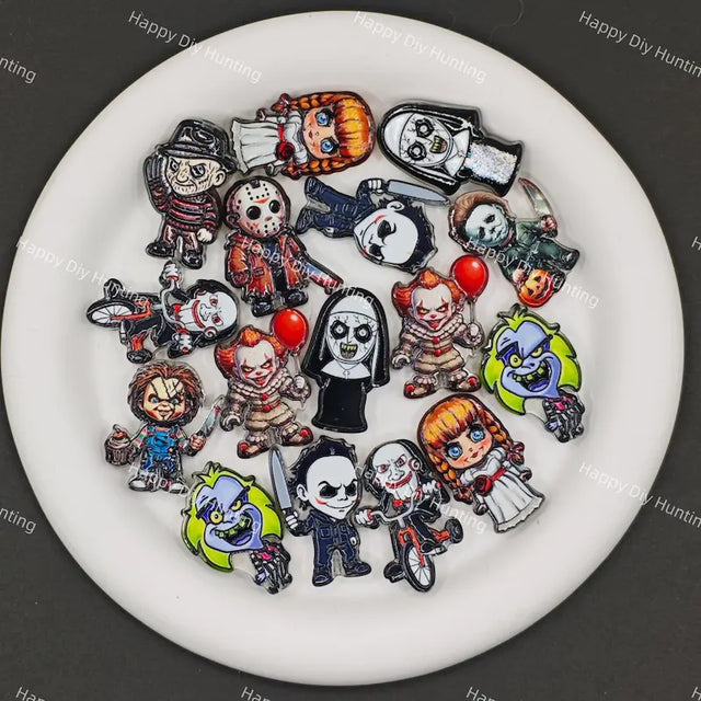 Cartoon horror movie killer acrylic focal beads including Chucky, Billy, Nun, Beetlejuice, perfect for Halloween beadable pens, keychains and seasonal DIY crafts.