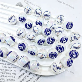 iridescent white round acrylic beads with navy blue baseball graphic print for diy beadable pen handmade craft wholesale