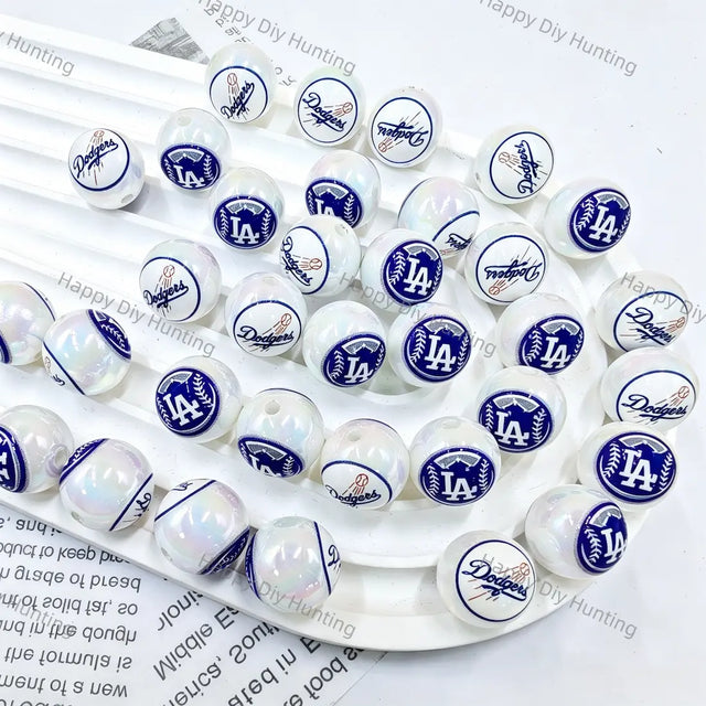 iridescent white round acrylic beads with navy blue baseball graphic print for diy beadable pen handmade craft wholesale
