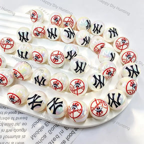 iridescent white round acrylic beads with red black baseball print for diy beadable pen handmade craft wholesale
