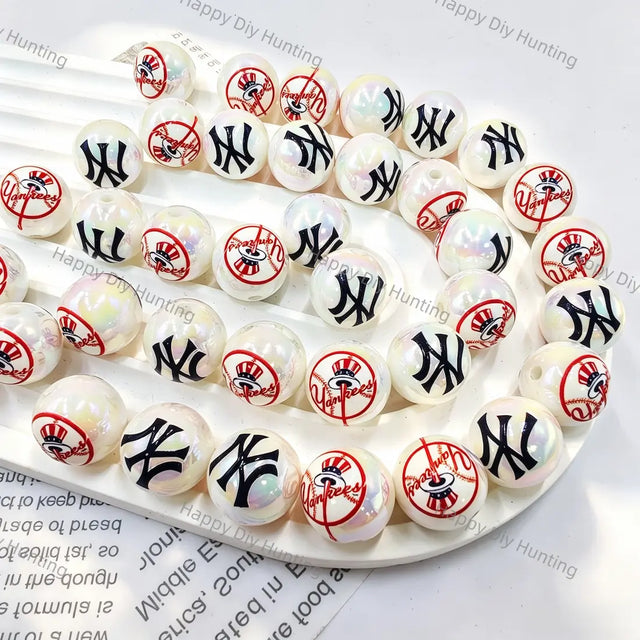 iridescent white round acrylic beads with red black baseball print for diy beadable pen handmade craft wholesale