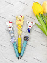 Pastel Kawaii Round Face Pen Topper Mounted on Complete Beadable Pen for Craft Showcase