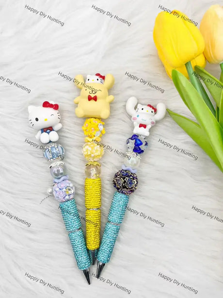 Pastel Kawaii Round Face Pen Topper Mounted on Complete Beadable Pen for Craft Showcase