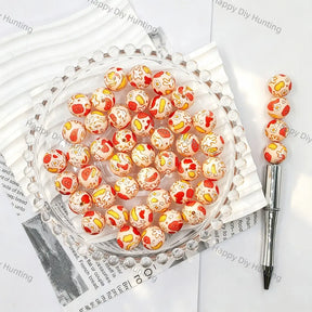 Light peach base full red yellow cow spot daisy floral print round silicone beads for diy handmade beadable pens wholesale craft accessories
