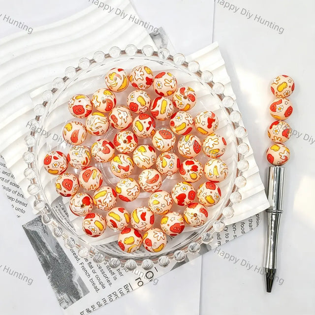 Light peach base full red yellow cow spot daisy floral print round silicone beads for diy handmade beadable pens wholesale craft accessories