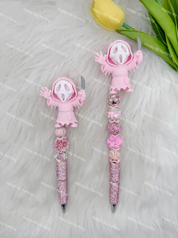 3D light pink ghost face with knife pen topper matched with focal beads for custom beadable pen handmade projects