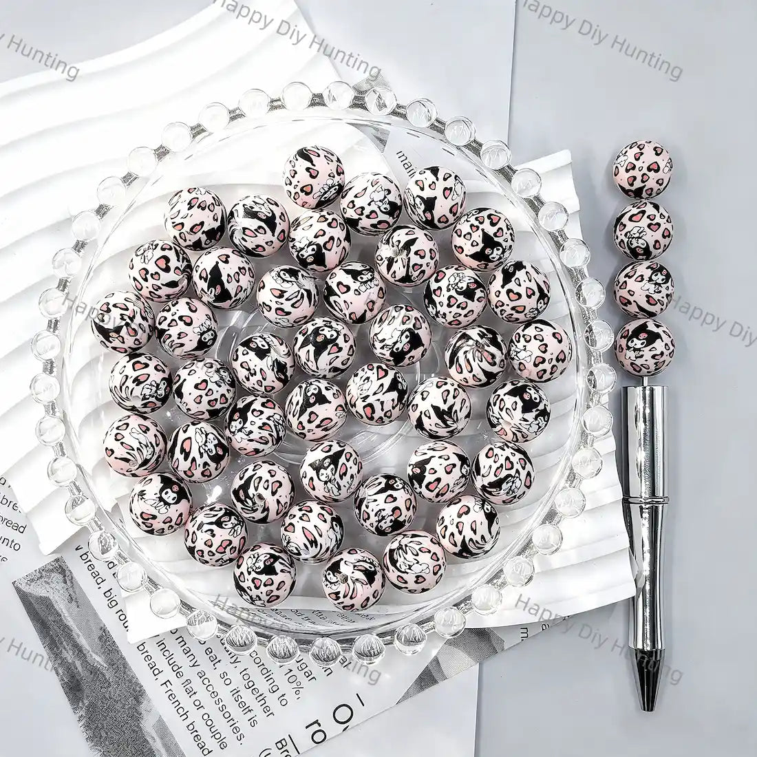 Light pink base full black leopard spot cartoon skull heart print round silicone beads for diy handmade beadable pens wholesale goth cute craft accessories