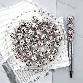 Light pink base full black leopard spot cartoon skull heart print round silicone beads for diy handmade beadable pens wholesale goth cute craft accessories