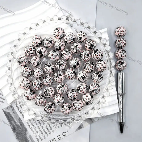 Light pink base full black leopard spot cartoon skull heart print round silicone beads for diy handmade beadable pens wholesale goth cute craft accessories