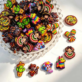 Acrylic focal beads featuring a festive Mexican fiesta mixed print design. Lightweight, colorful, and durable, perfect for beadable pens, keychains, and handmade crafts.
