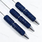 Three midnight blue rhinestone beadable pens displayed on a white surface. Each pen features a midnight blue rhinestone-encrusted barrel and a silver metal tip. Perfect for DIY beadable pen projects, custom crafts, and handmade gifts.