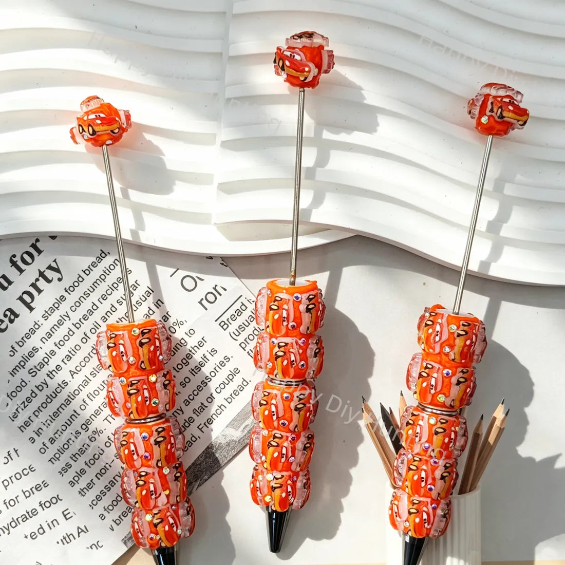 pre‑decorated orange multi‑color floral‑pattern beadable pens with embedded iridescent rhinestones bulk ornate craft ballpoint pens