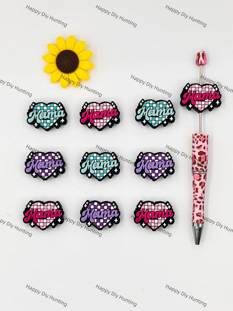 Mixed-Color Heart Mama Silicone Focal Beads Wholesale, silicone focal beads for pens