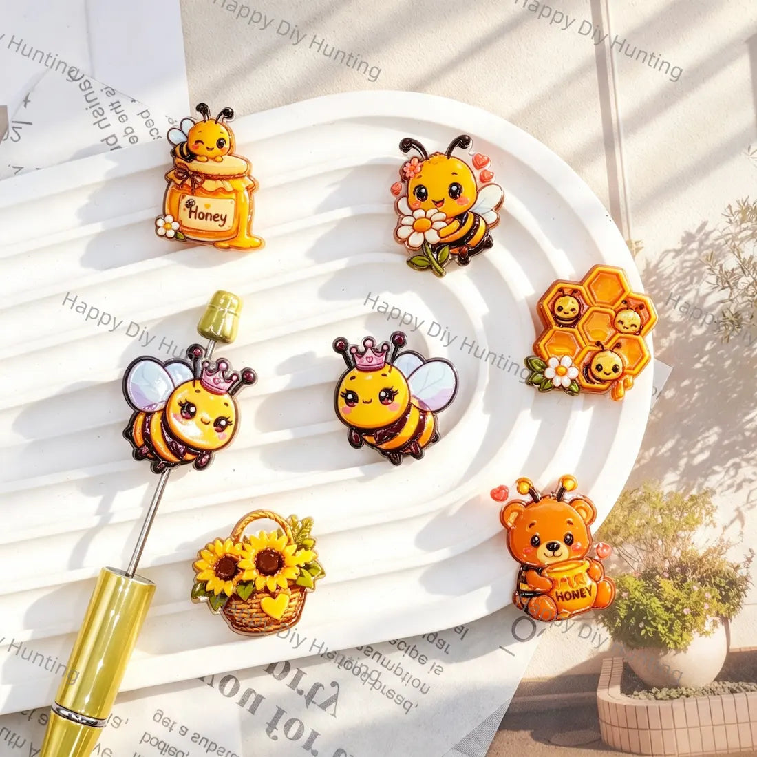 mixed cute honey bee cartoon acrylic focal beads with honey jar sunflower and honeycomb designs for diy beadable pen handmade craft wholesale