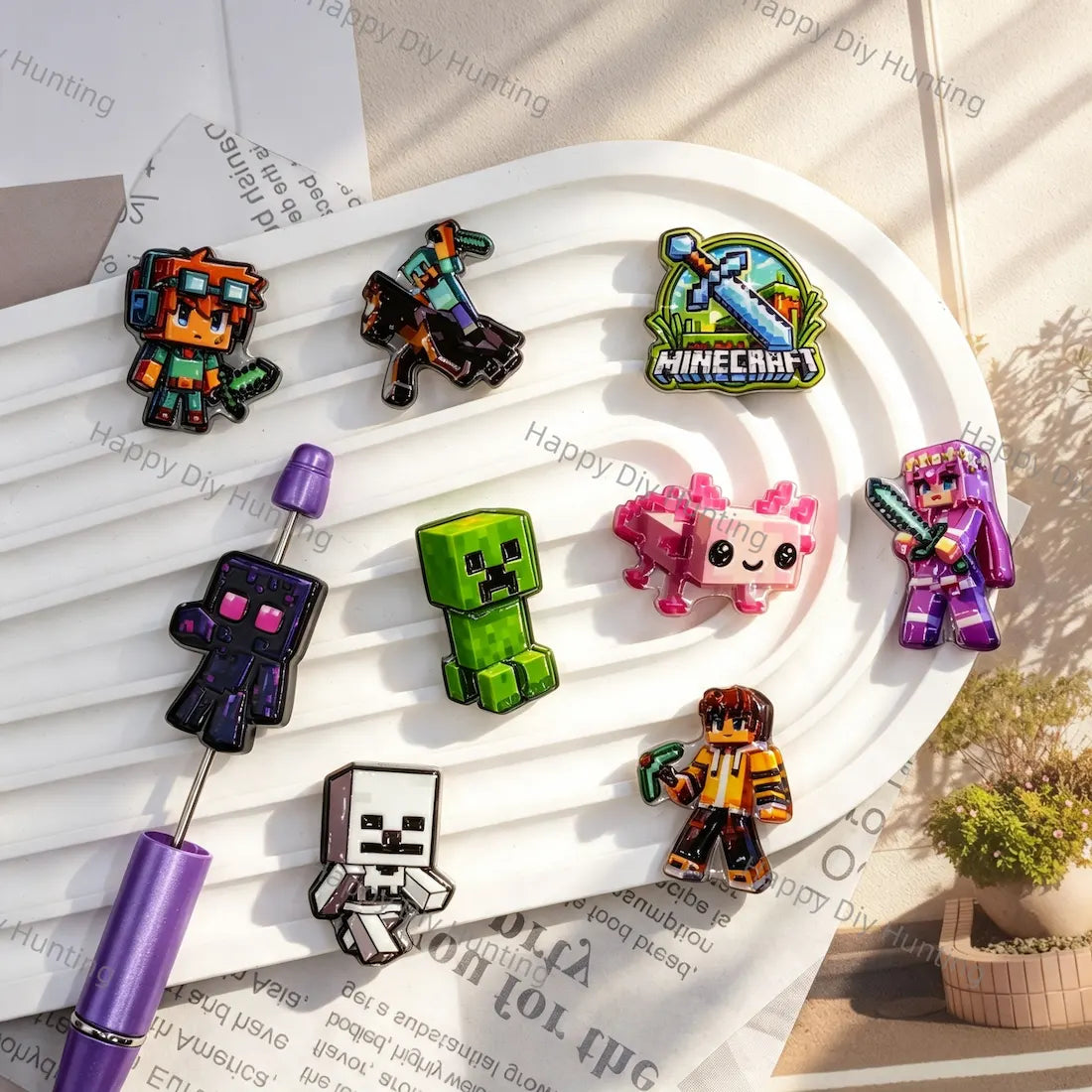mixed pixel block game cartoon character acrylic focal beads with pixel monster and warrior designs for diy beadable pen handmade craft wholesale