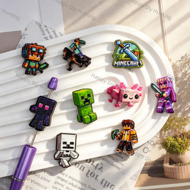 mixed pixel block game cartoon character acrylic focal beads with pixel monster and warrior designs for diy beadable pen handmade craft wholesale