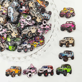 Acrylic focal beads featuring a mixed color off-road vehicle print design. Lightweight, durable, and colorful, perfect for beadable pens, keychains, and handmade crafts.