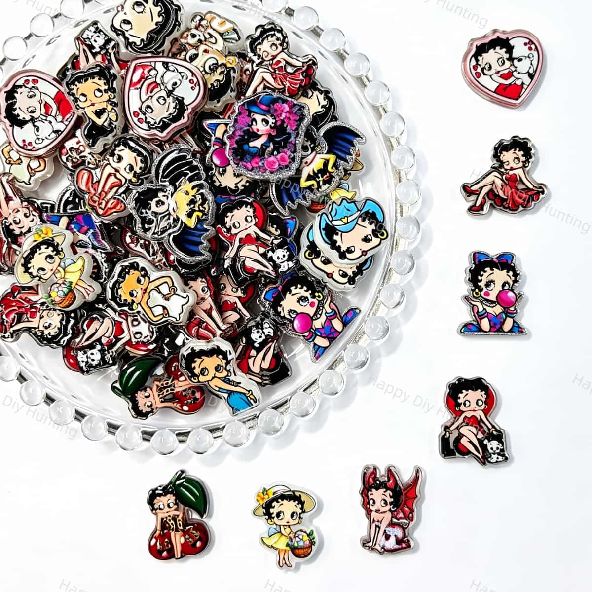 Acrylic focal beads featuring mixed style retro cartoon lady designs. Colorful, durable, and smooth, perfect for beadable pens, keychains, and handmade crafts.