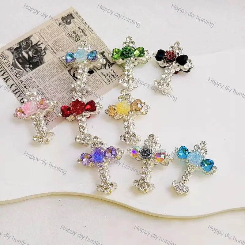 Multi Color Rose Heart Rhinestone Cross Metal Bead Caps, Crystal Cross Bead End Frame Findings For DIY Beadable Pen Silicone Focal Bead Handmade Craft Wholesale