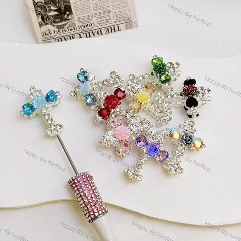 Multi Color Rose Heart Rhinestone Cross Metal Bead Caps, Crystal Cross Bead End Frame Findings For DIY Beadable Pen Silicone Focal Bead Handmade Craft Wholesale2