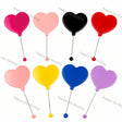 Assorted 8-color heart mini handheld cosmetic mirrors, glossy solid ABS plastic heart shell built-in clear glass makeup mirror, fitted with anti-rust stainless steel thin handle pin, matching colored round ball grip at pin bottom. 