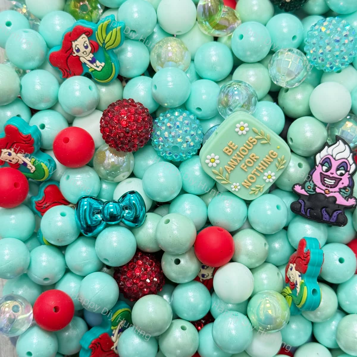 Ocean mermaid Silicone & Acrylic bead mix closeup, teal green sea themed mixed bead set for diy beadable pens