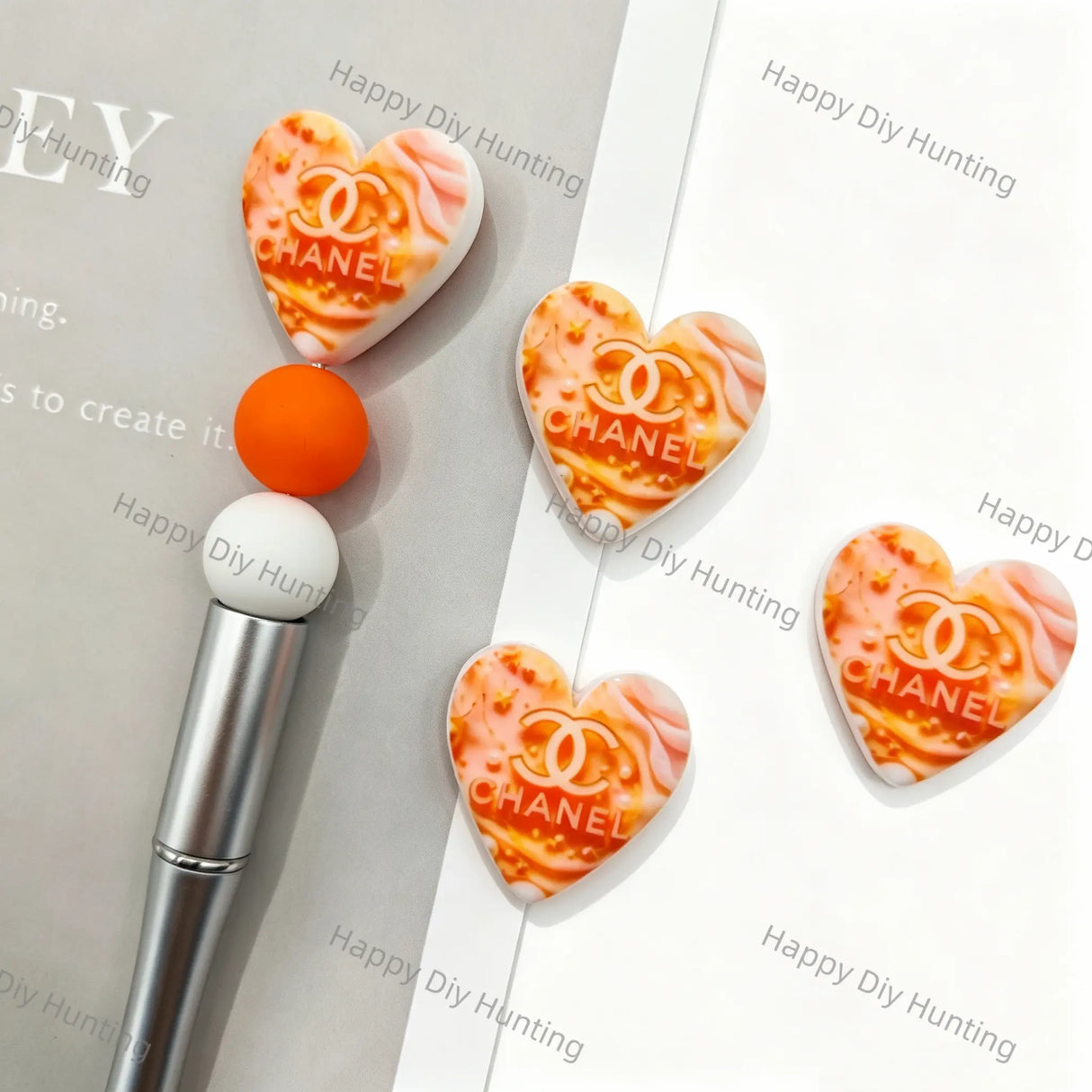 Orange CHANEL Print Heart Silicone Focal Beads For DIY Beadable Pens