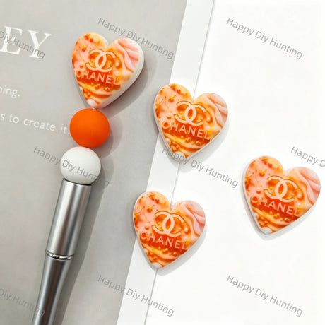 Orange CHANEL Print Heart Silicone Focal Beads For DIY Beadable Pens