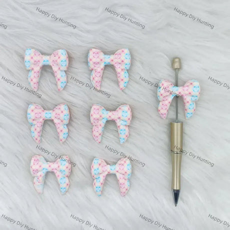 Handmade Beadable Pen with 3D Pink And Blue Bowknot Silicone Focal Beads