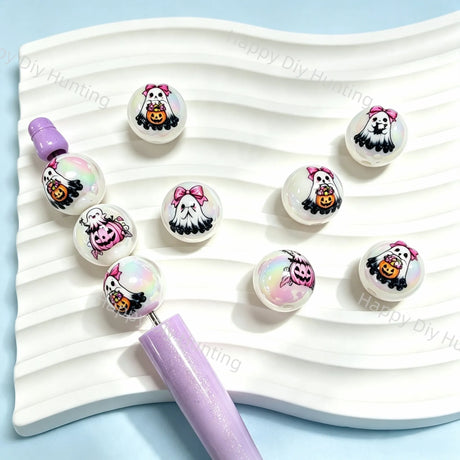 Pink Bow Ghost Pumpkin Round Acrylic Beads, large hole decorative beads for DIY beadable pen