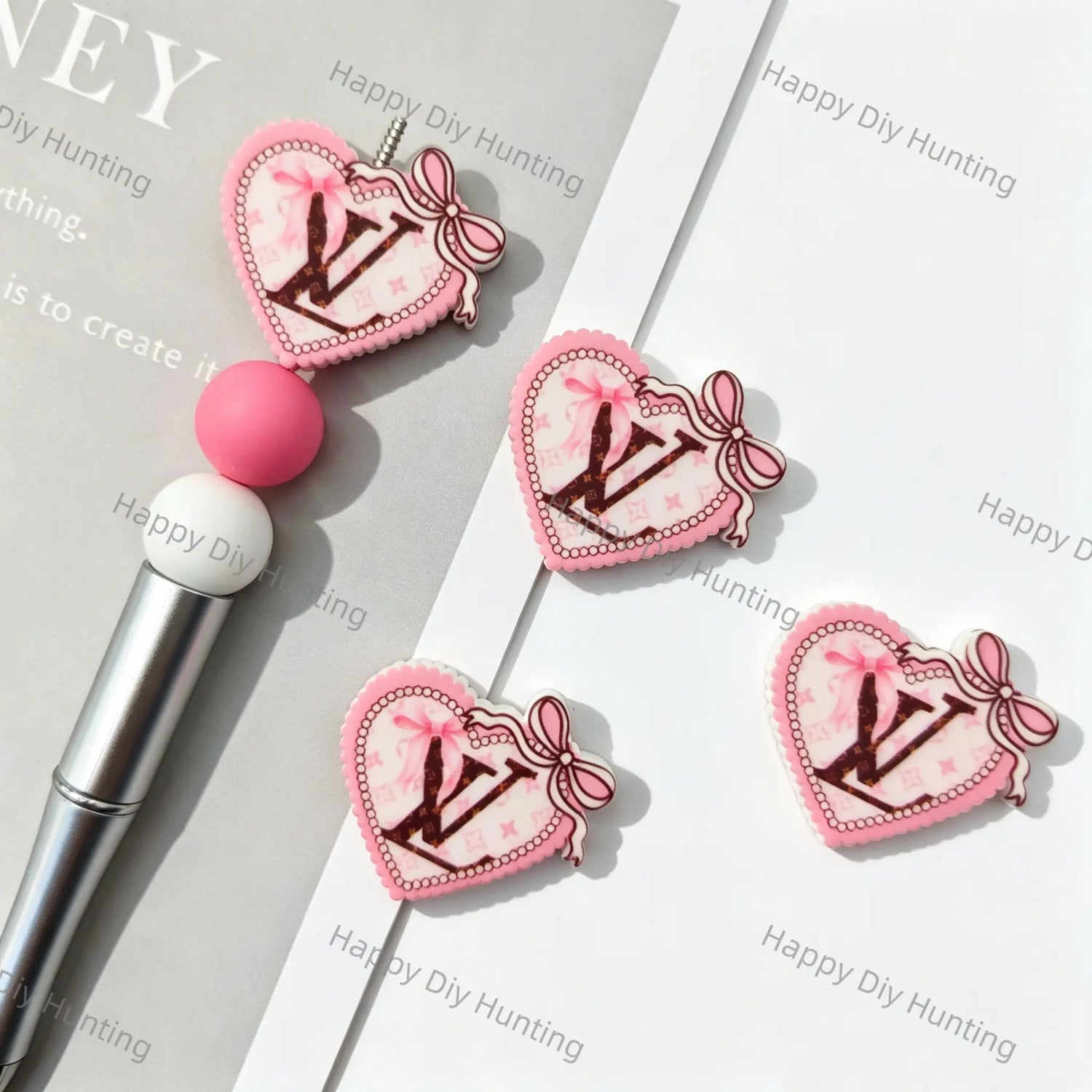 Pink Bow Heart Vintage LV Print Silicone Focal Beads For DIY Beadable Pens