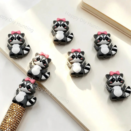 Pink Bow Raccoon Silicone Focal Beads, large hole decorative beads for DIY beadable pen, keychain and handmade craft supplies