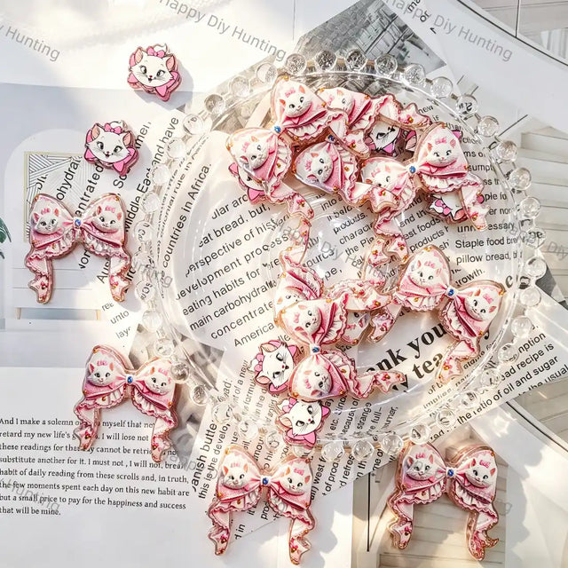 pink bow shaped cute kitty graphic acrylic focal beads for diy beadable pen craft wholesale