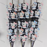pre‑assembled pink‑bow white cartoon cat 3D figurine beadable pens, sleek black base decorated with faux pearls, cute kawaii‑style craft ballpoint pens bulk